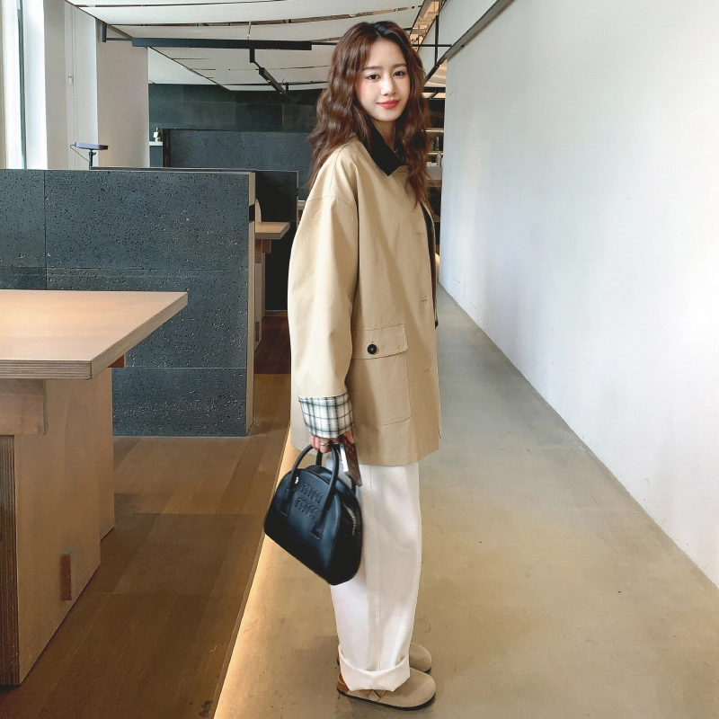 袋鼠 格子拼接中长款外套女秋季宽松百搭上衣风衣 女款