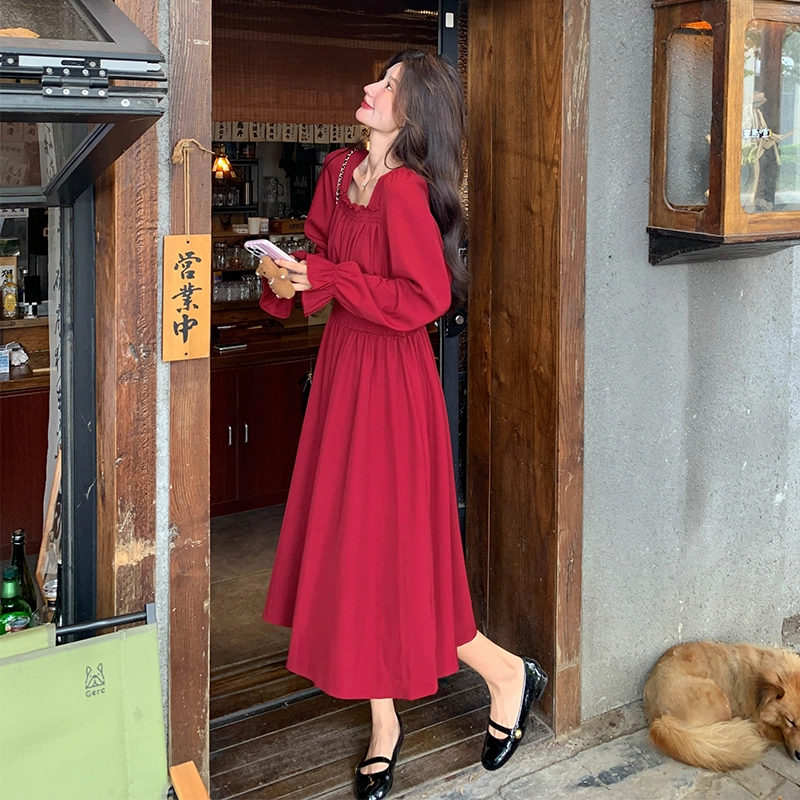 袋鼠 礼服法式复古气质温柔浪漫显瘦超仙长裙长袖连衣裙 女款
