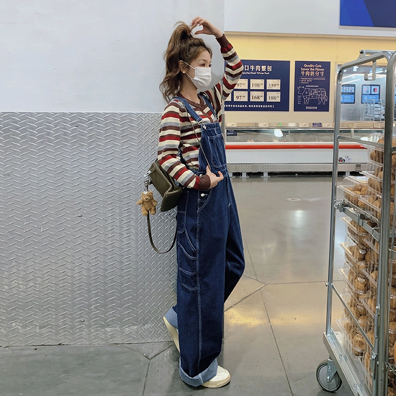 袋鼠 多巴胺条纹打底衫背带裤韩系减龄两件套时尚穿搭休闲套装 女款