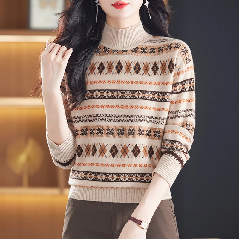 袋鼠 舒适简约休闲半高领复古印花套头羊毛针织衫 女款