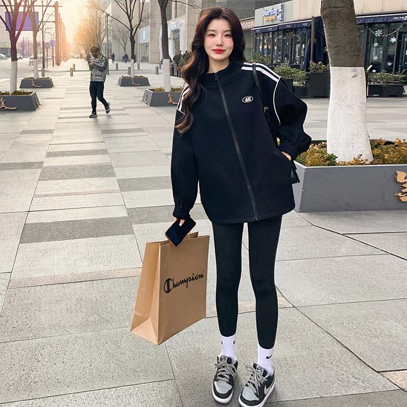 袋鼠 美式运动休闲宽松立领拉链卫衣开衫棒球服 女款