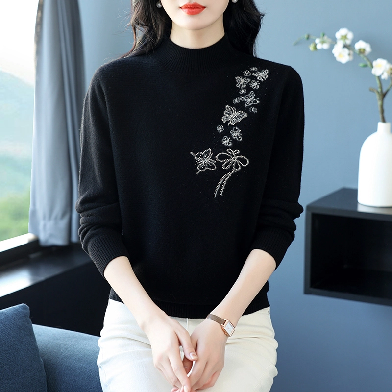 袋鼠 简约时尚宽松半高领纯色蝴蝶绣花质感羊毛针织衫 女款
