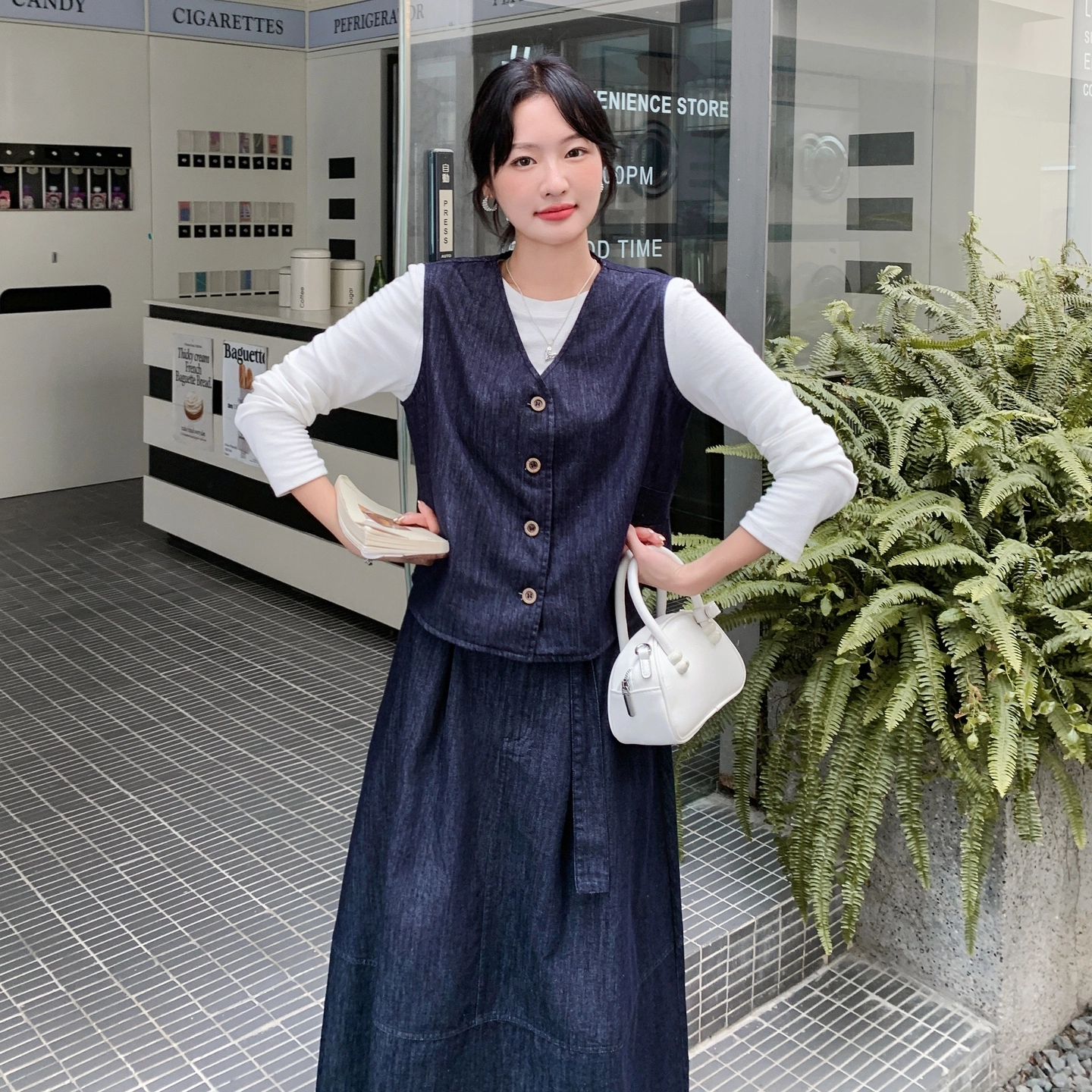 袋鼠 条纹披肩牛仔马甲半身裙三件套裙装套装 女款