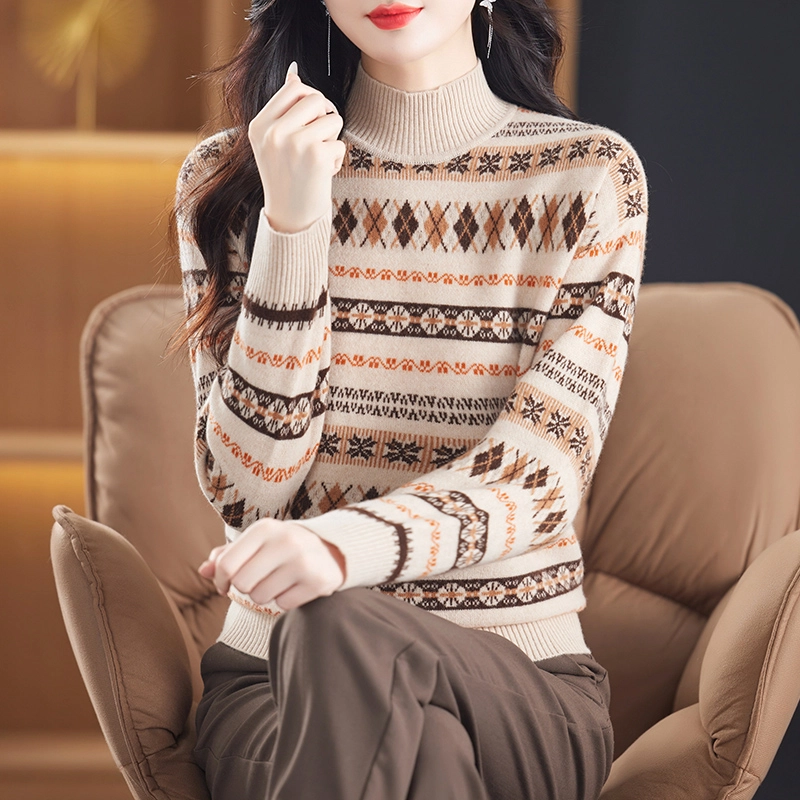 袋鼠 舒适简约休闲半高领复古印花套头羊毛针织衫 女款