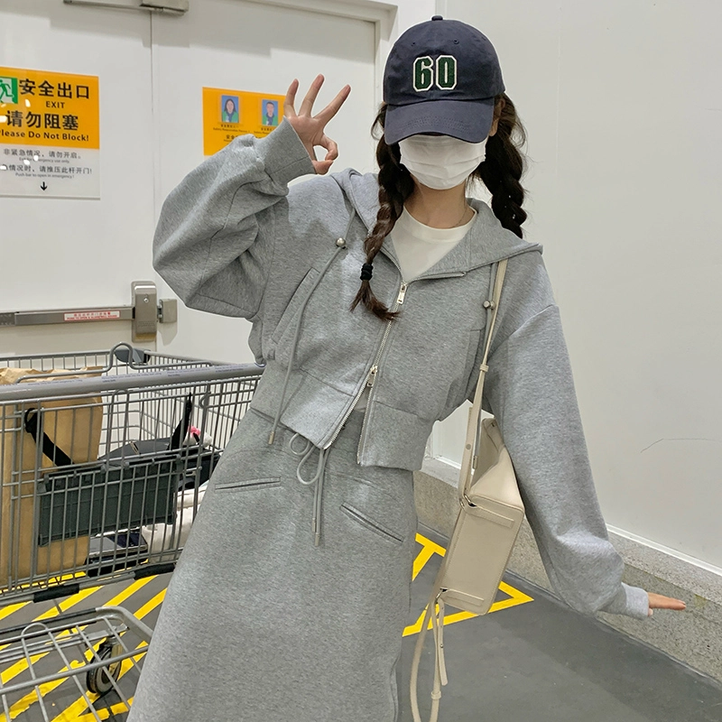 袋鼠 连帽开衫卫衣洋气减龄显瘦穿搭半身裙两件套裙装套装 女款