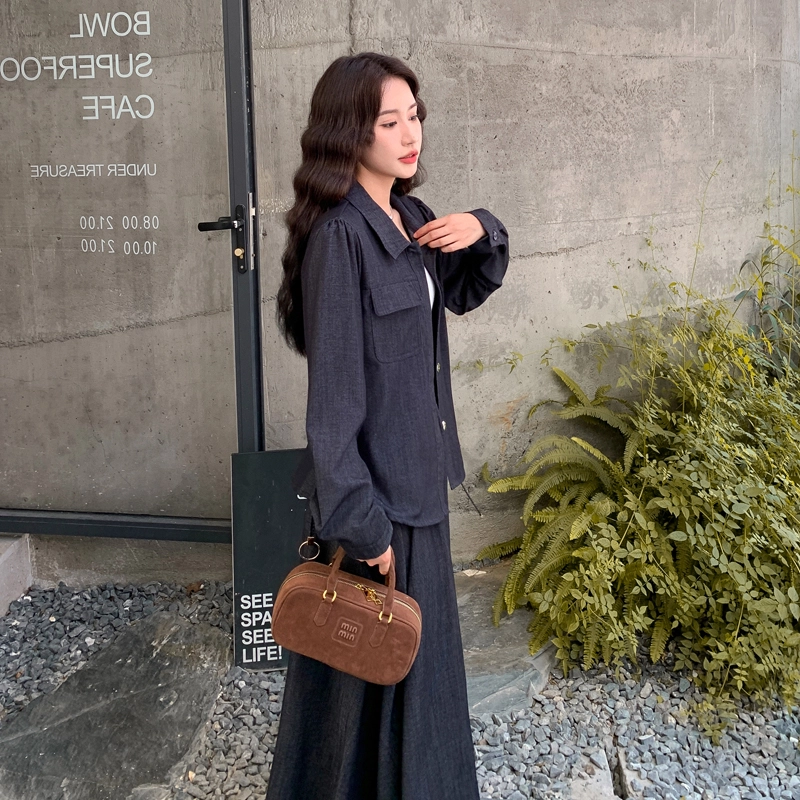 袋鼠 复古轻熟风收腰显瘦衬衫牛仔半身裙两件套裙装套装 女款