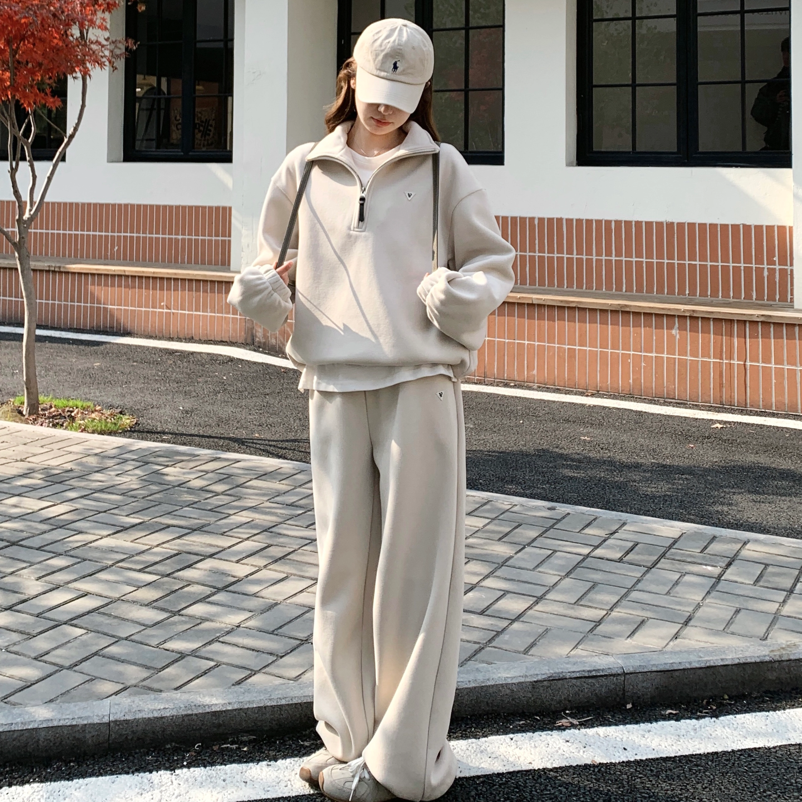 袋鼠 假两件上衣阔腿裤两件套时尚学院风精美穿搭卫衣套装 女款