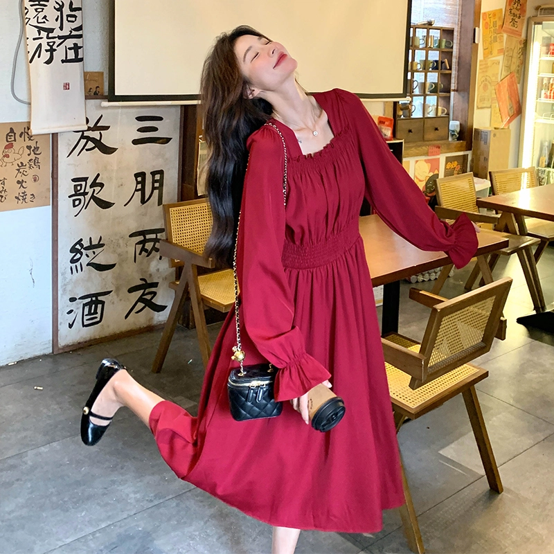 袋鼠 礼服法式复古气质温柔浪漫显瘦超仙长裙长袖连衣裙 女款