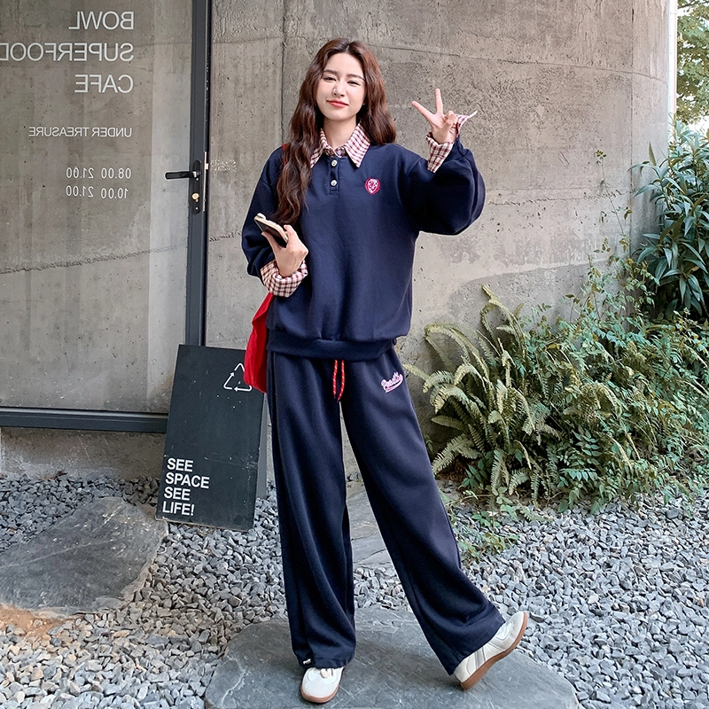 袋鼠 韩系格纹美式复古学院风拼接卫衣宽松显瘦阔腿裤两件套休闲套装 女款