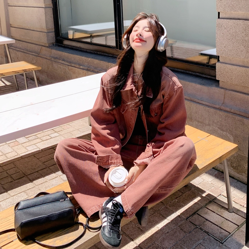 袋鼠 美式复古设计感牛仔高级感外套阔腿裤两件套休闲套装 女款