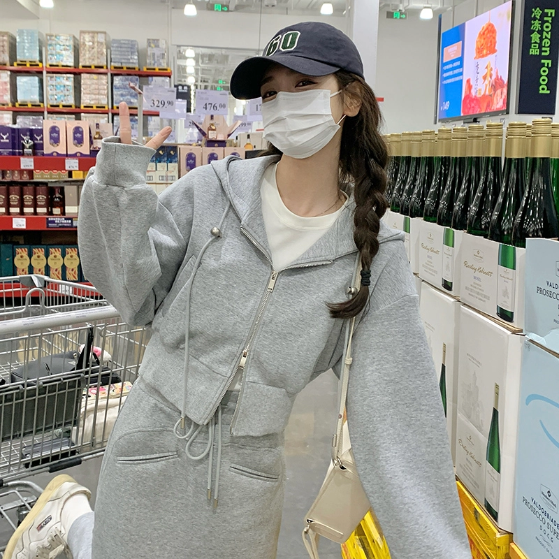 袋鼠 连帽开衫卫衣洋气减龄显瘦穿搭半身裙两件套裙装套装 女款