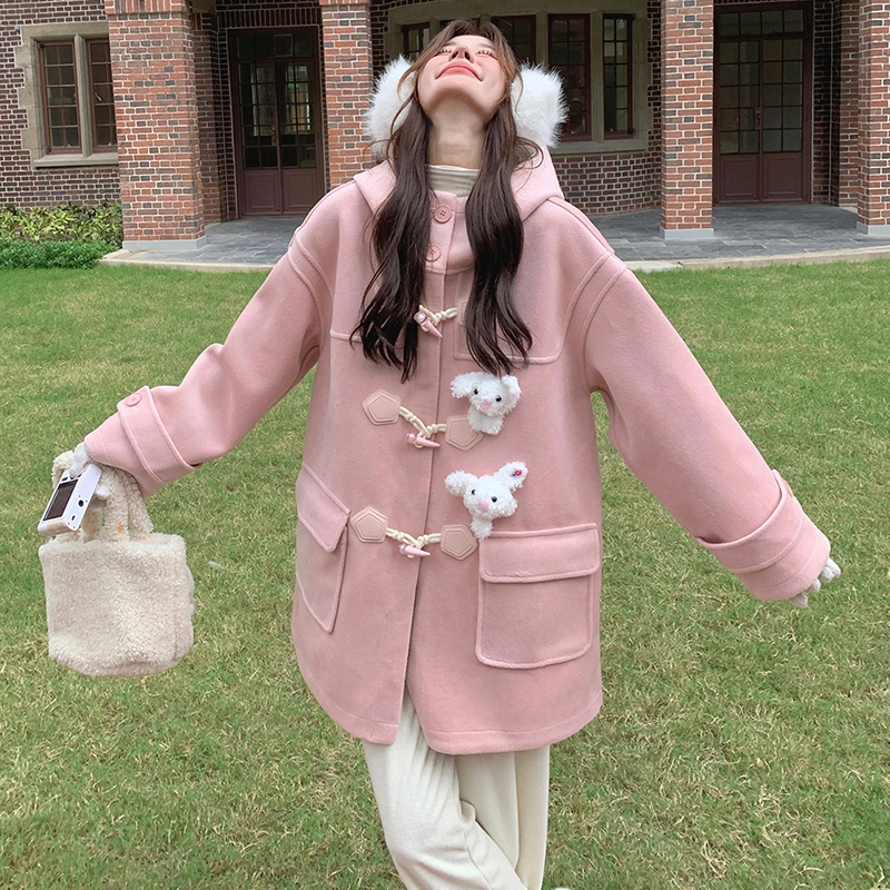 袋鼠 牛角扣连帽中长款学院风小个子外套大衣 女款
