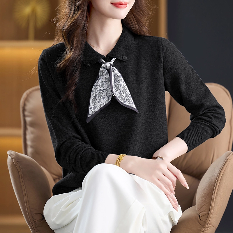 袋鼠 洋气时尚宽松百搭翻领系带丝巾纯色套头长袖针织衫 女款