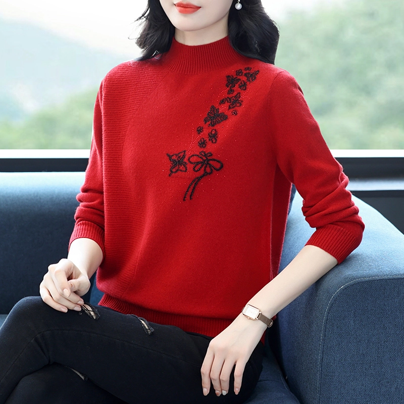 袋鼠 简约时尚宽松半高领纯色蝴蝶绣花质感羊毛针织衫 女款