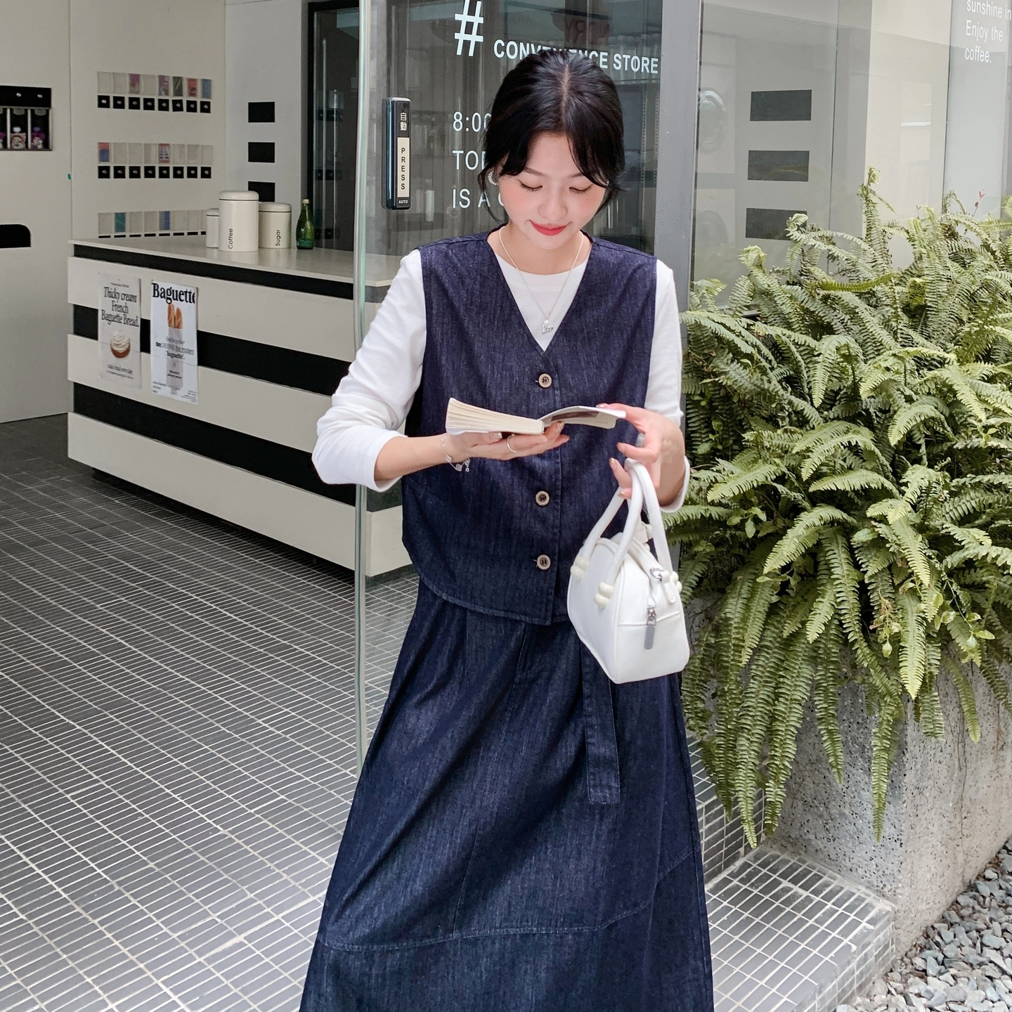 袋鼠 条纹披肩牛仔马甲半身裙三件套裙装套装 女款