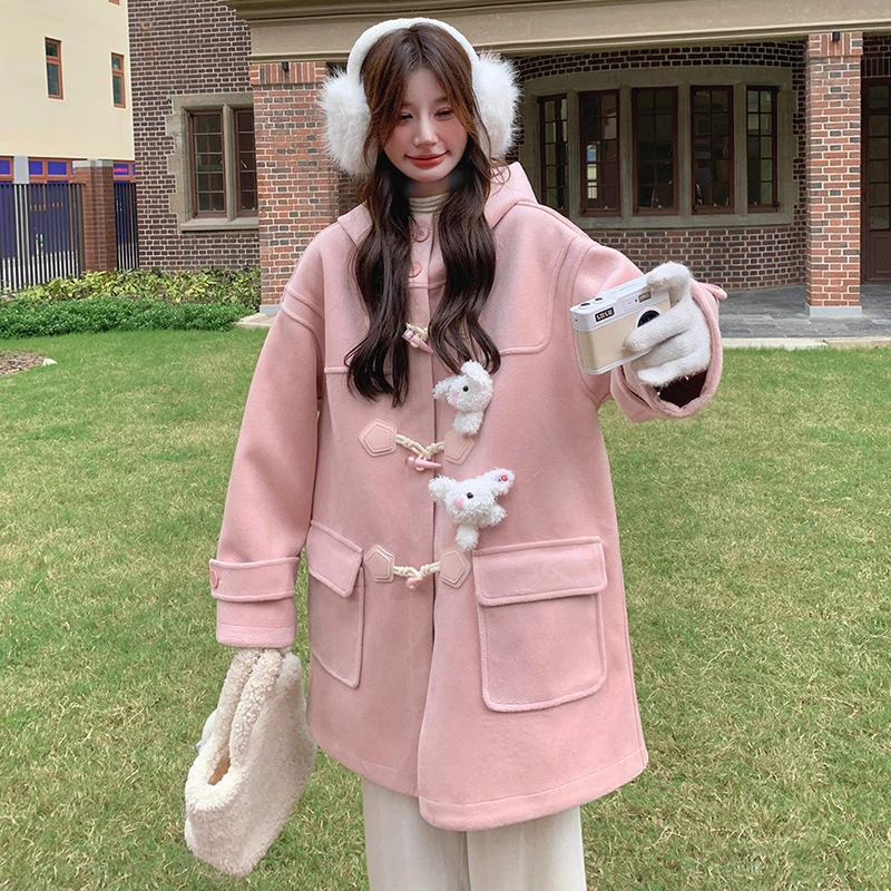 袋鼠 牛角扣连帽中长款学院风小个子外套大衣 女款