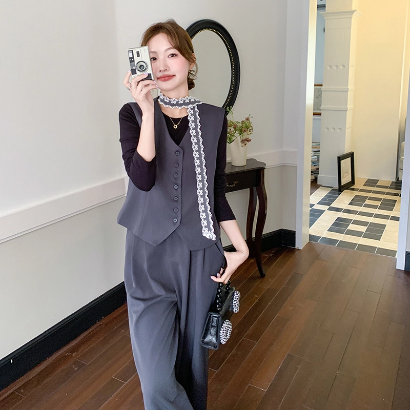 袋鼠 御姐蕾丝飘带西装马甲阔腿裤打底衫三件套休闲套装 女款