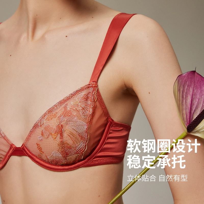 弗利少女 法式网纱刺绣蕾丝文胸软钢圈性感小胸内衣裤套装 女款 赤霞色