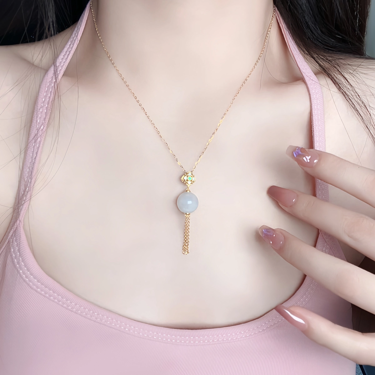 琳琯瑛 新中式简约轻奢校园风葱白圆珠流苏 糯种 翡翠吊坠 女款