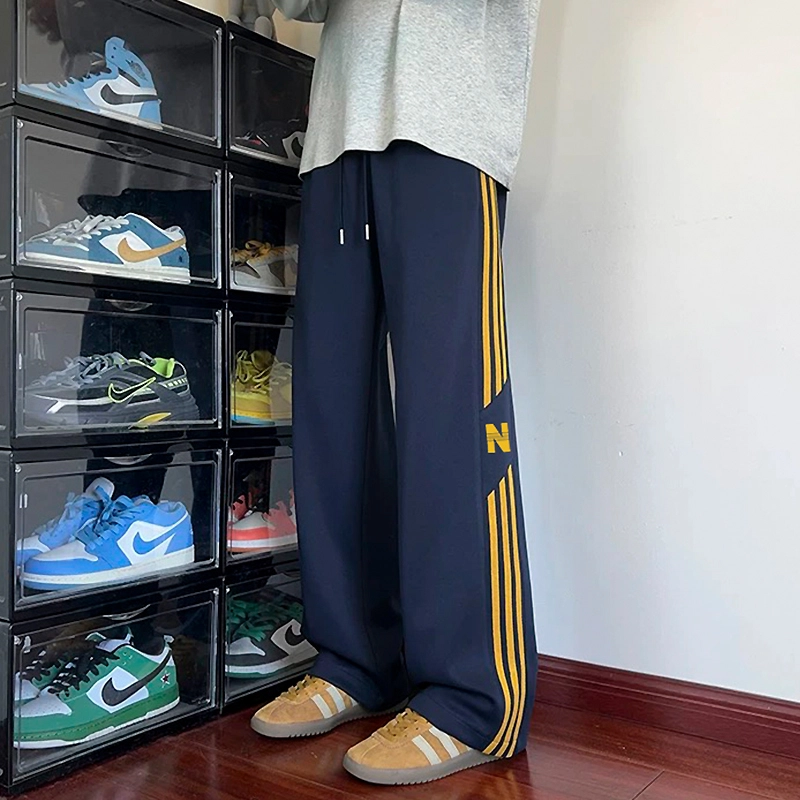 邦固依品 裤子男春秋季港风阔腿宽松运动大码直筒条纹长裤潮休闲裤 男款