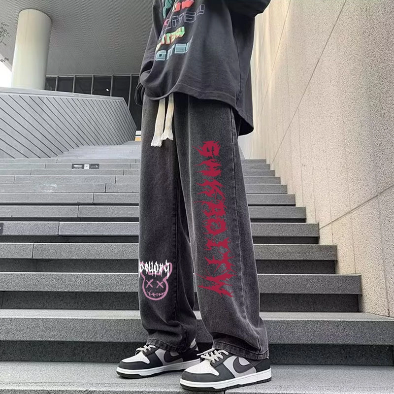 邦固依品 美式印花春季宽松大码筒裤潮流高街休闲潮男裤子春秋款牛仔裤 男款