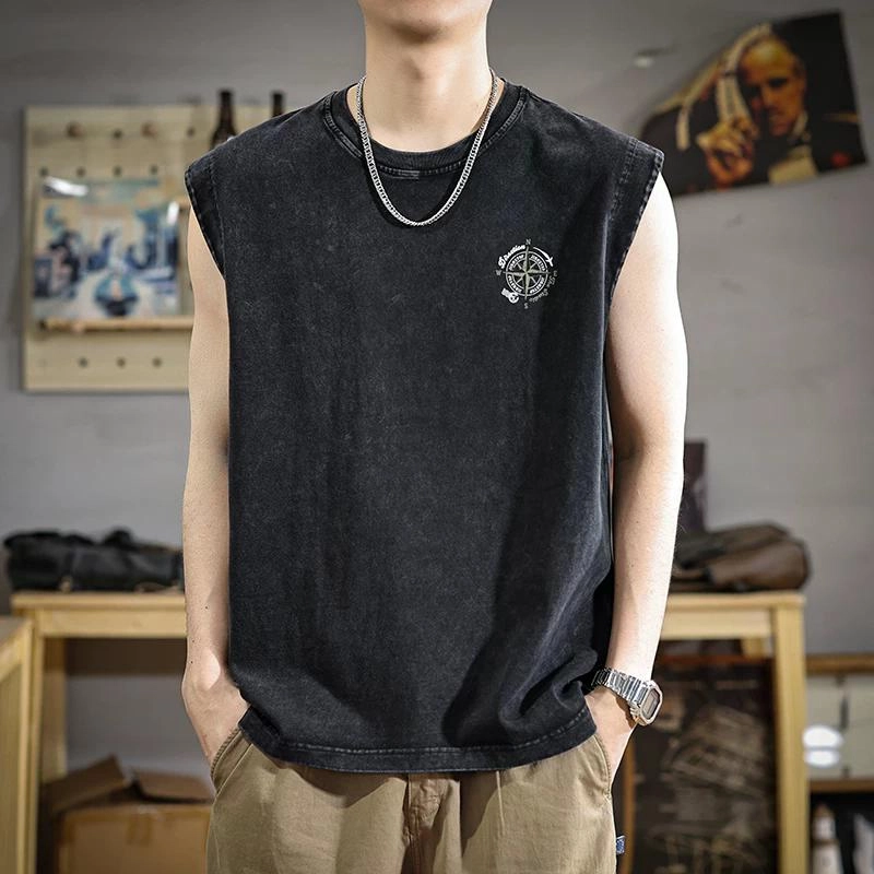 遨宇 美式新中性未来主义高级简约风纯棉重磅水洗情侣潮流印花痞帅无袖休闲坎肩背心 男女同款