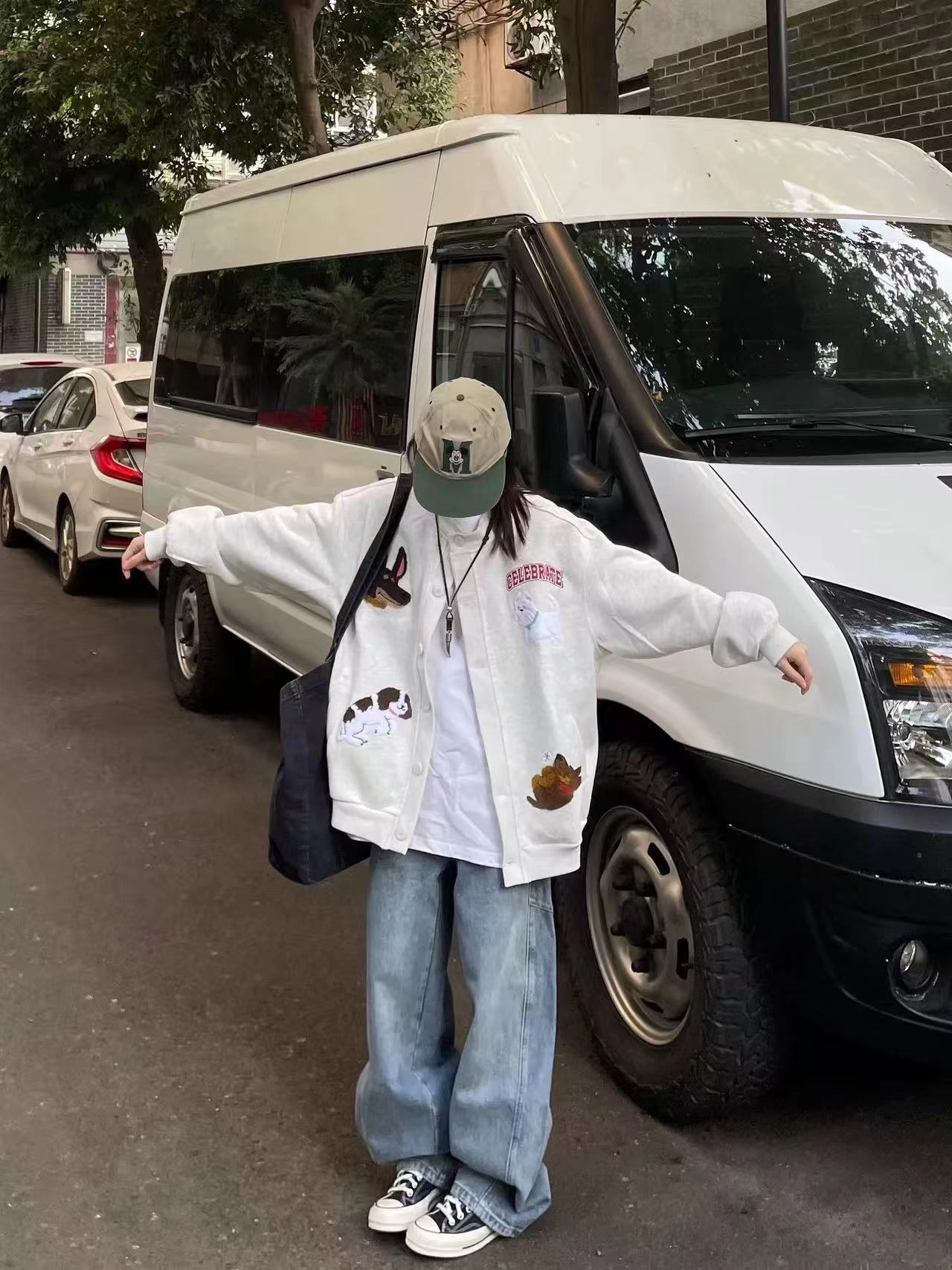 轻迎 美式复古小狗刺绣卫衣百搭休闲宽松开衫外套棒球服 女款