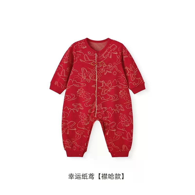 英氏爬服 红色满月宝宝长袖可爱连身衣 婴幼童