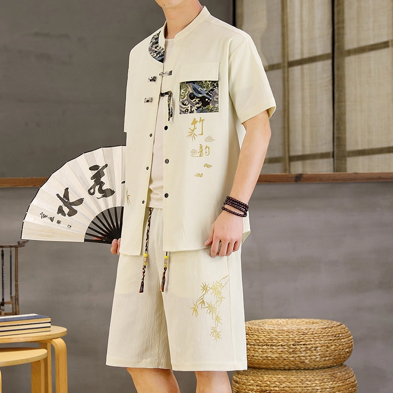 大白鲨 轻奢中国风新中式短袖短裤男士夏季薄款冰丝宽松唐装汉服休闲运动套装 男女同款