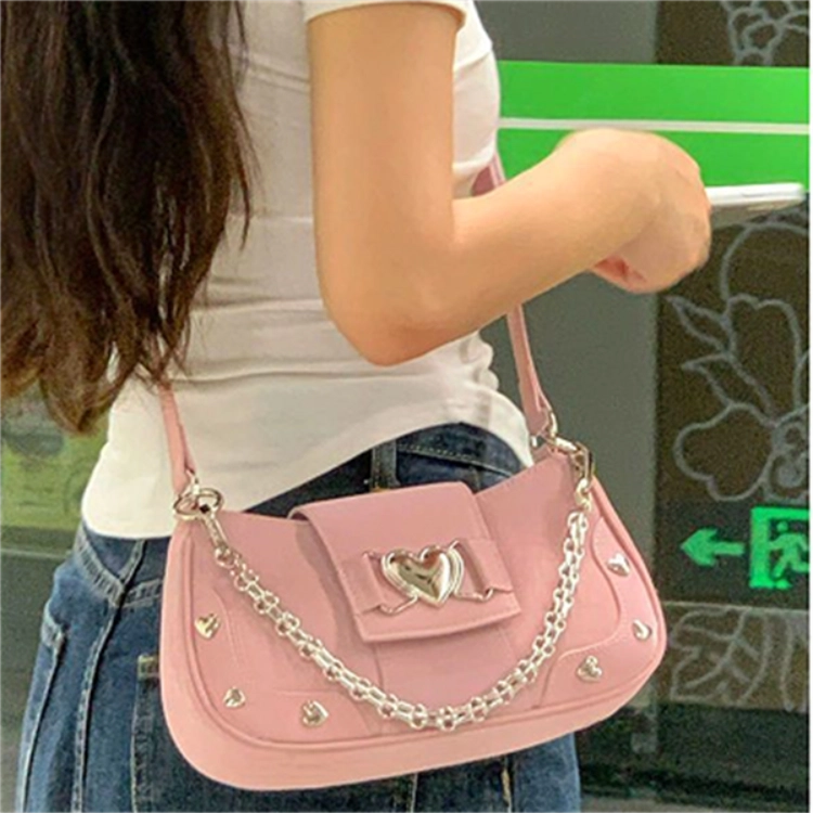 度森袋鼠 甜酷少女拉链开合百搭手提包爱心包单肩包 精选面料 斜挎包 常规 女款 肩带可调节款粉色