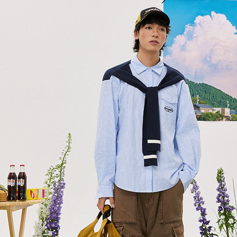 南波万 条纹假披肩翻领长袖衬衫 男女同款 蓝色