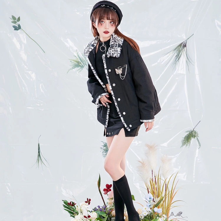 御茶家 蝴蝶风暴 豹纹拼接撞色毛领加厚短款棒球服夹克外套 女款 黑