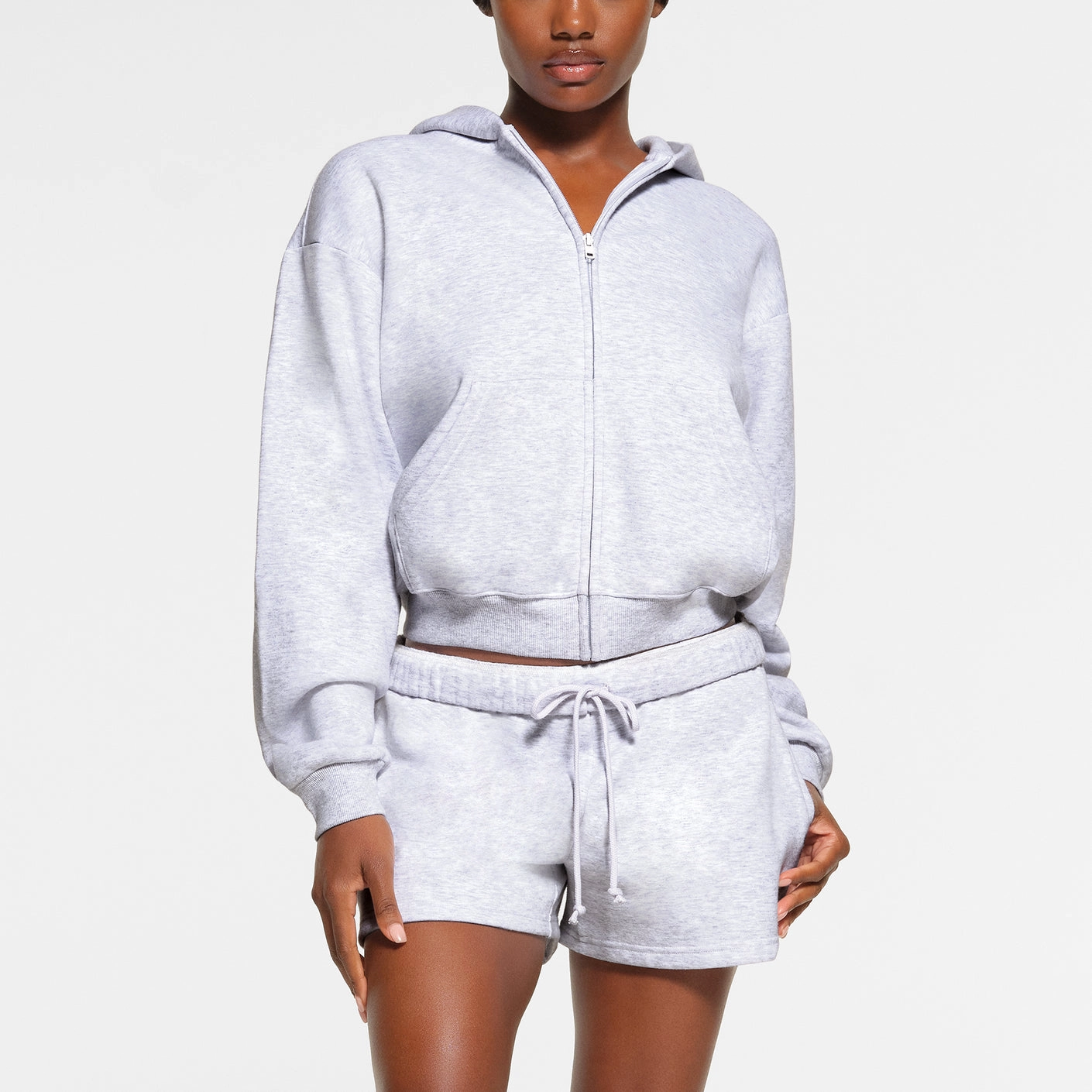SKIMS COTTON FLEECE CLASSIC ZIP UP HOODIE LIGHT HEATHER GREY
