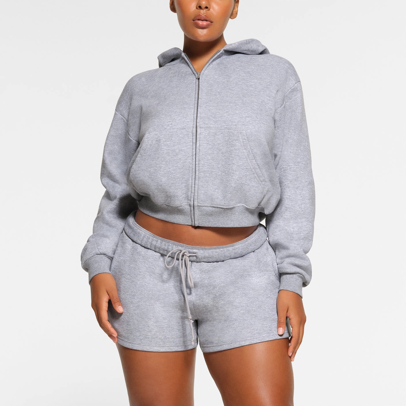 SKIMS COTTON FLEECE CLASSIC ZIP UP HOODIE HEATHER GREY