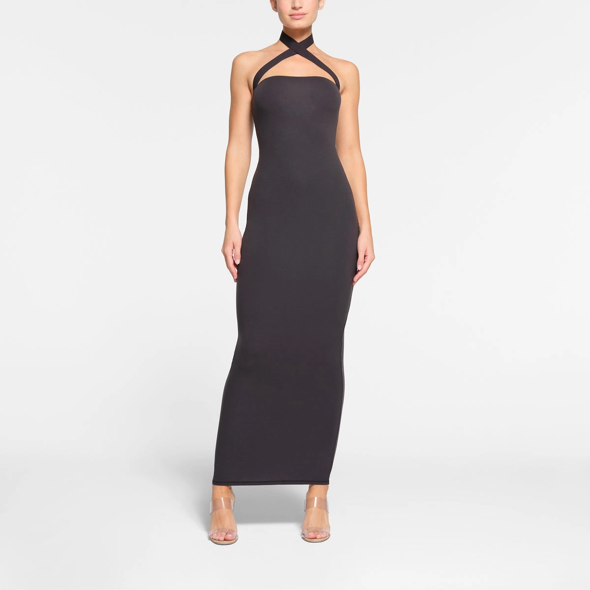 SKIMS FITS EVERYBODY WRAP LONG SLIP DRESS ONYX