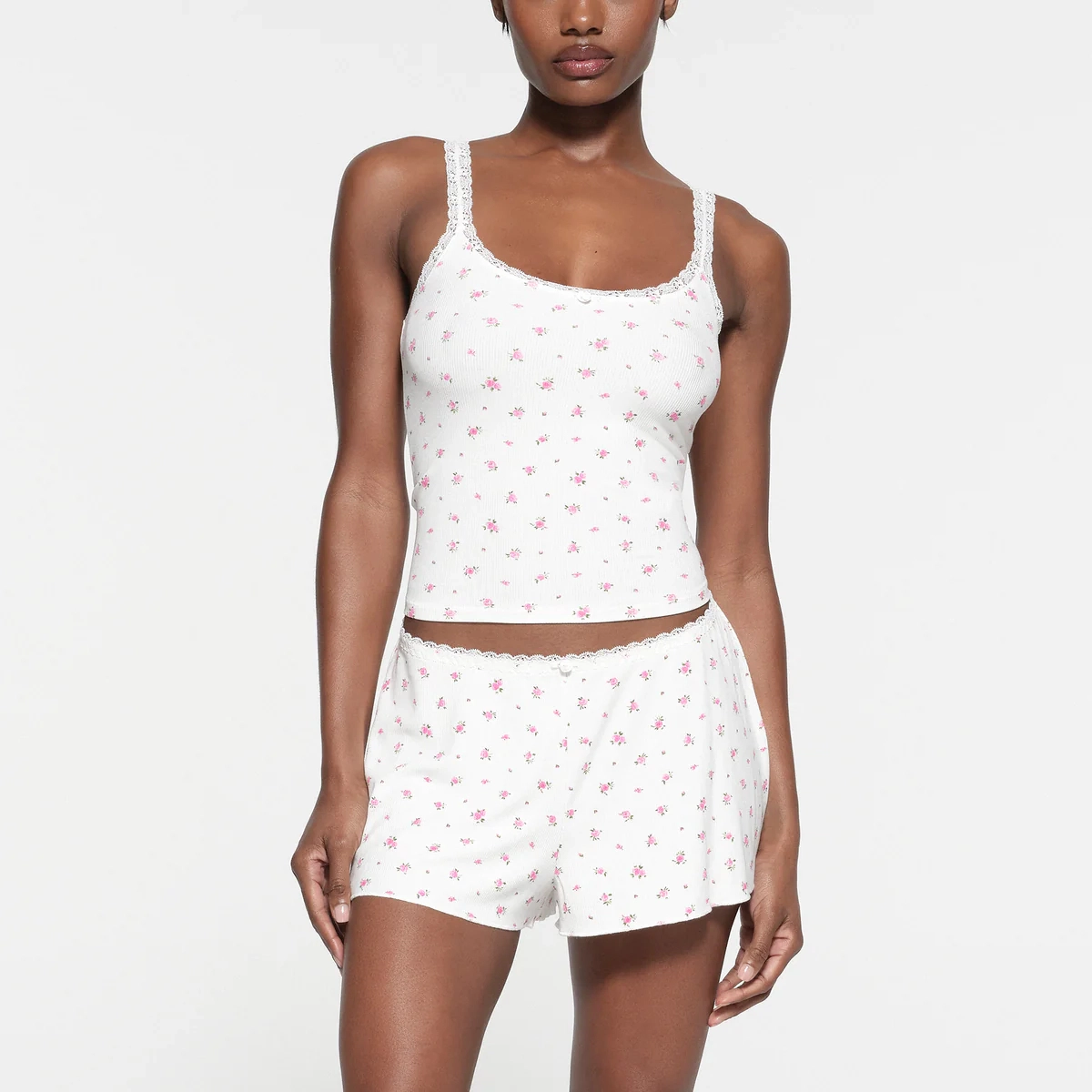 SKIMS SOFT LOUNGE LACE TANK NEON ORCHID ROSE PRINT