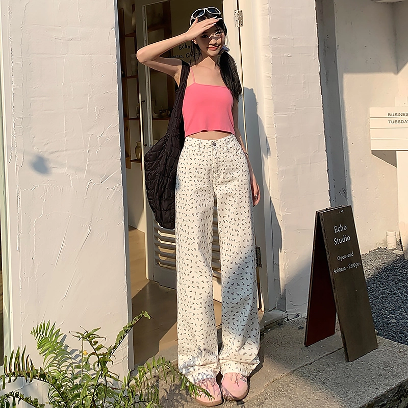 玉儿恋 韩版印花复古碎花小众设计感宽松百搭阔腿垂感直筒高腰拉链韩系窄版显瘦减龄牛仔裤 女款 白色