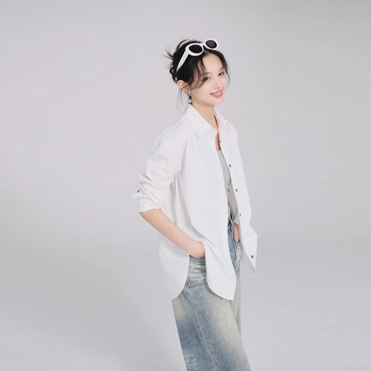 美洋 泡泡棉条纹长袖衬衫 女款 白色
