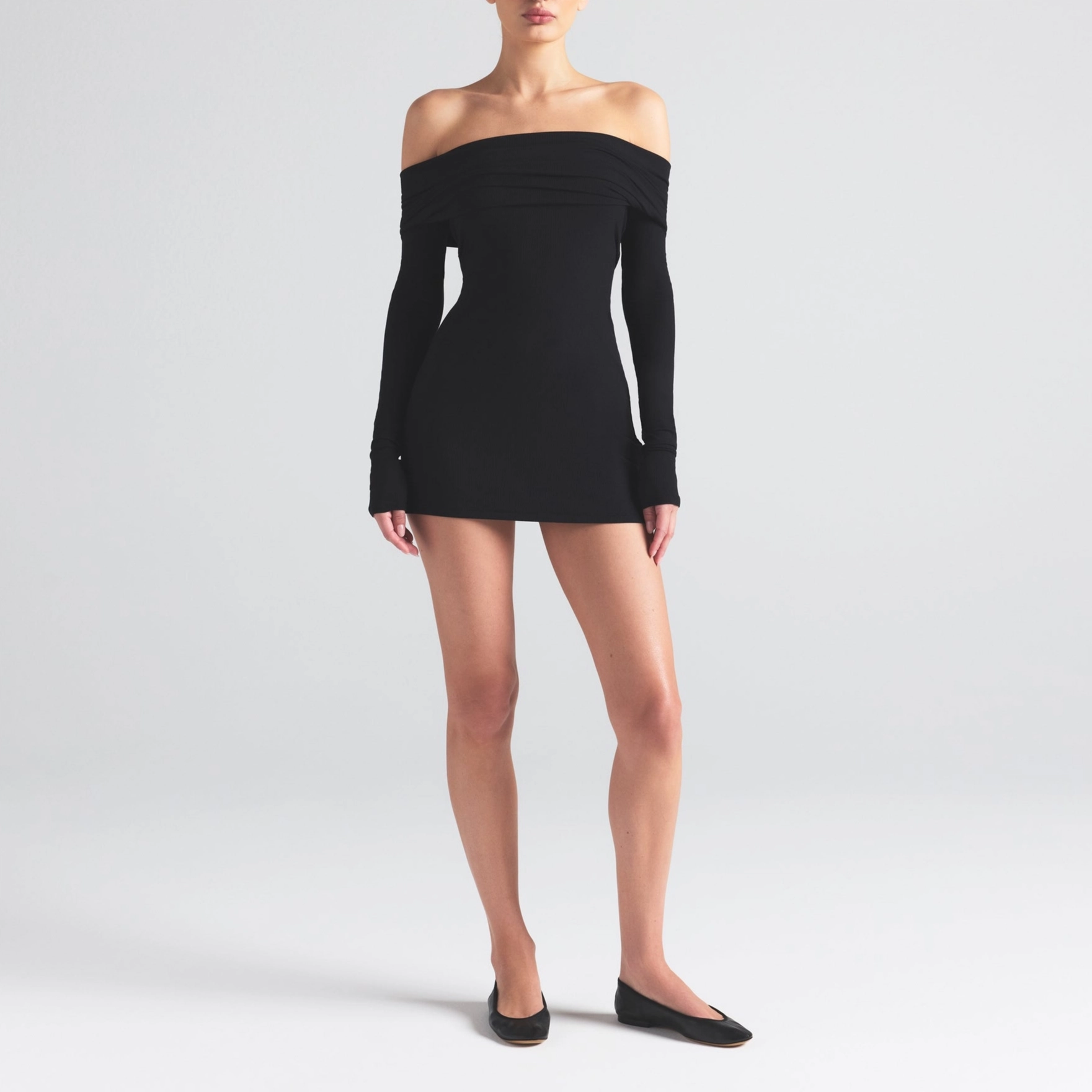 SKIMS SS25 SOFT LOUNGE OFF THE SHOULDER MINI DRESS ONYX