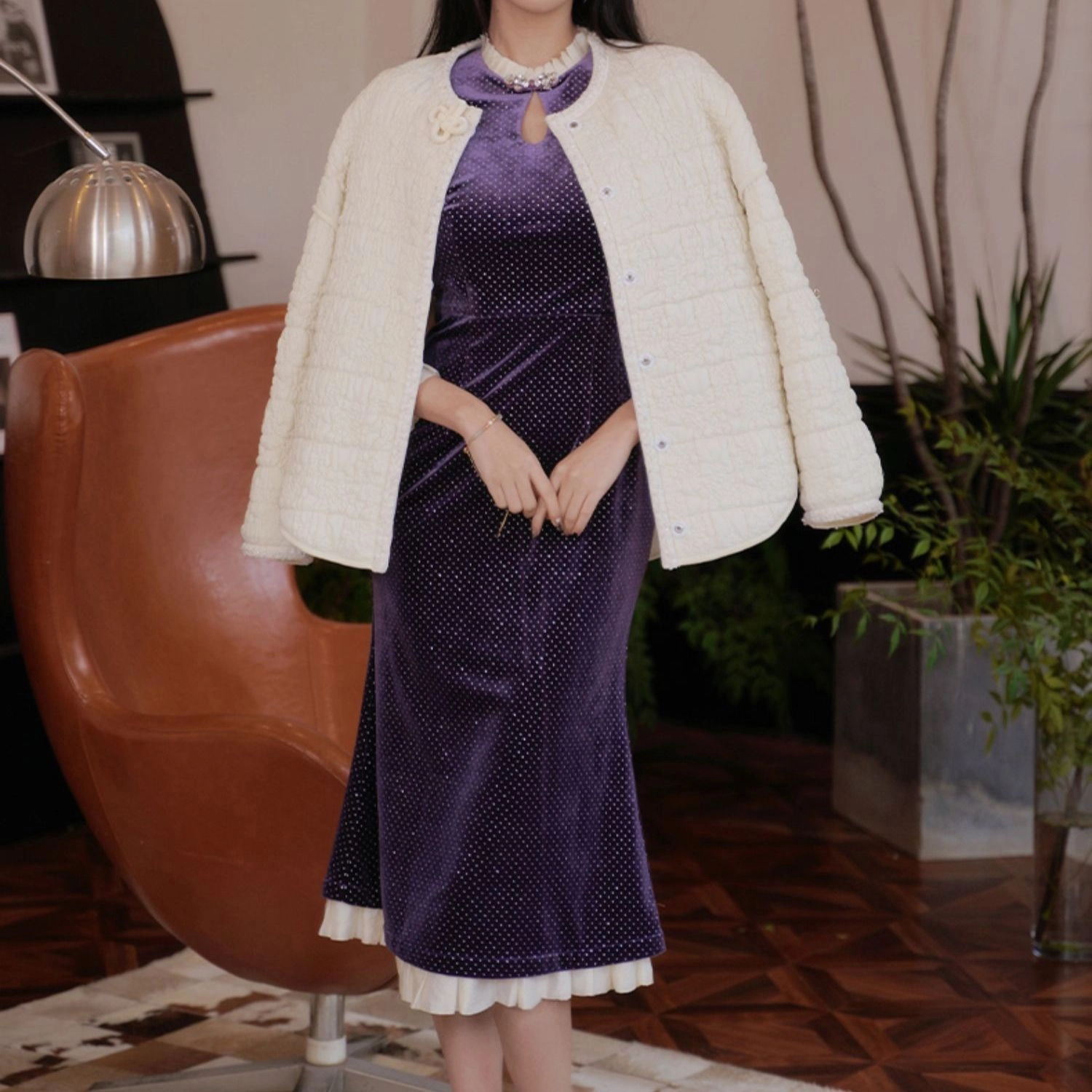 四美子 纯色圆领长袖开衫棉服 女款 若雪