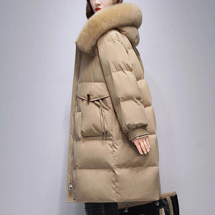 鸭鸭 纯色连帽通勤拉链加厚长袖羽绒服 女款