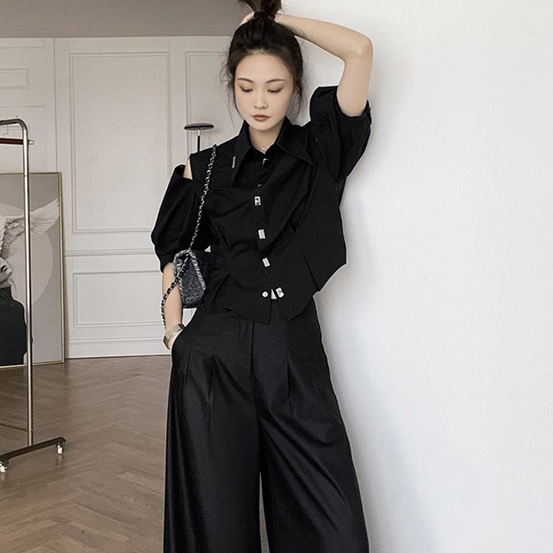 美洋 立体镂空通勤纯色修身五分袖衬衫 女款 简黑