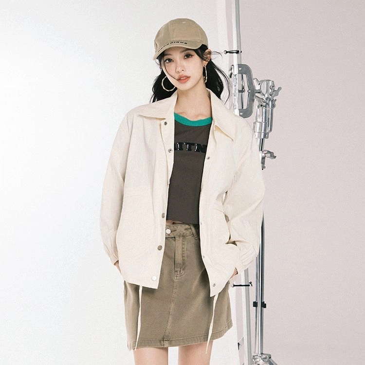 美洋 微皱肌理抽绳休闲长袖衬衫 女款 白色
