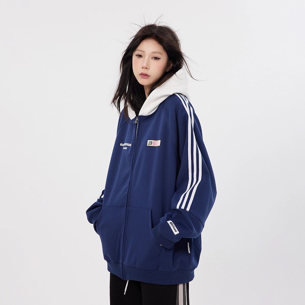 美式条纹旗帜复古开衫外套宽松连帽卫衣 男女同款