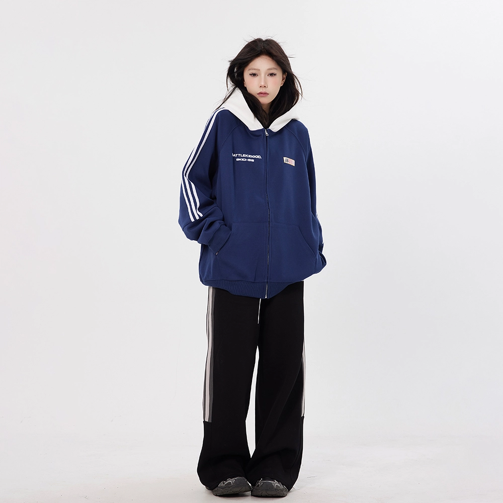 美式条纹旗帜复古开衫外套宽松连帽卫衣 男女同款
