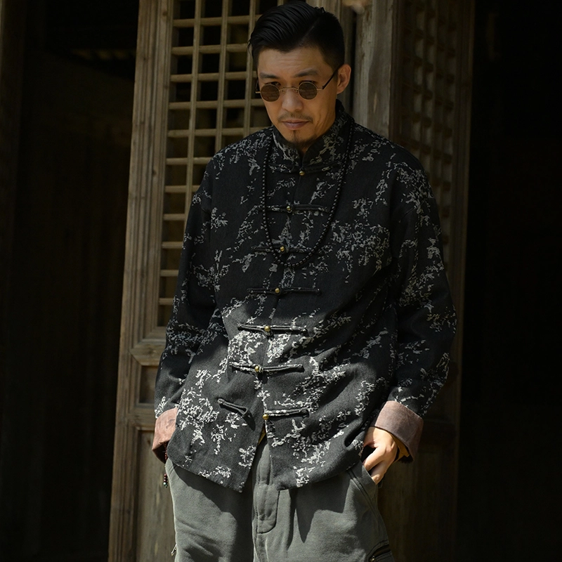 三省六部 中国风水洗做旧提花牛仔外套 男女同款 黑色