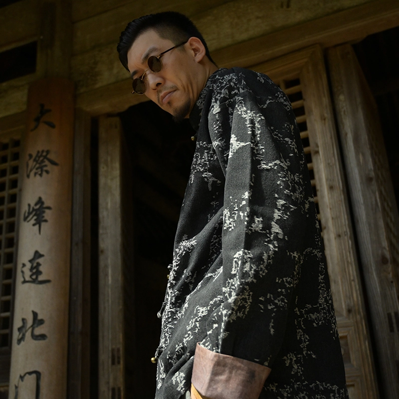 三省六部 中国风水洗做旧提花牛仔外套 男女同款 黑色