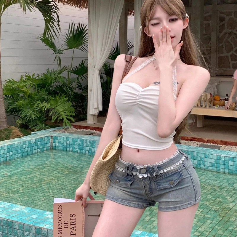 依钗 法式美式融合蕾丝拼接低腰热裤牛仔短裤 女款