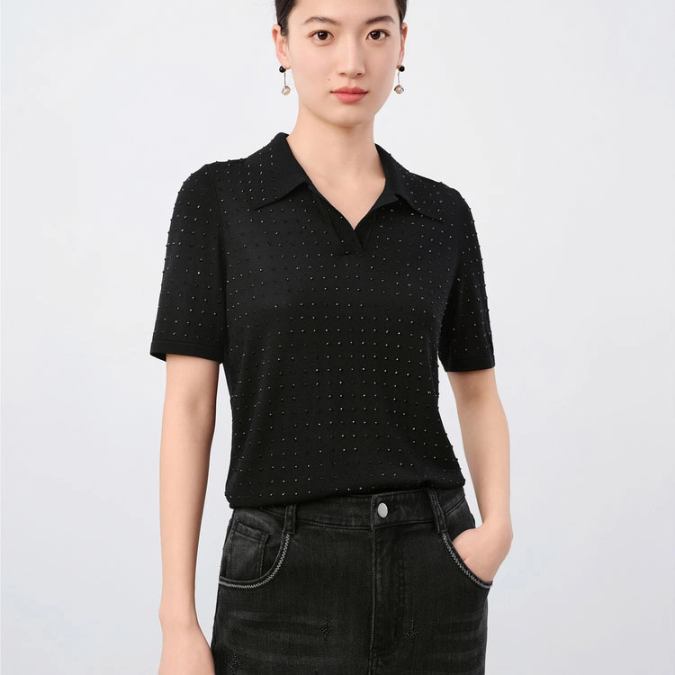 玖姿安娜蔻 时尚潮流星辰烫钻短袖针织衫 女款