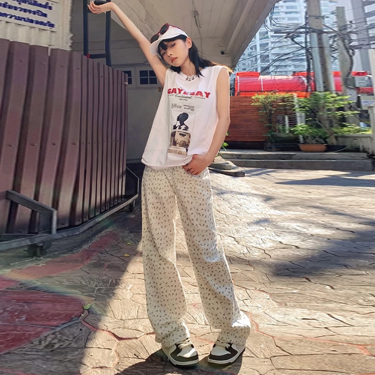 玉儿恋 韩版印花复古碎花小众设计感宽松百搭阔腿垂感直筒高腰拉链韩系窄版显瘦减龄牛仔裤 女款 白色